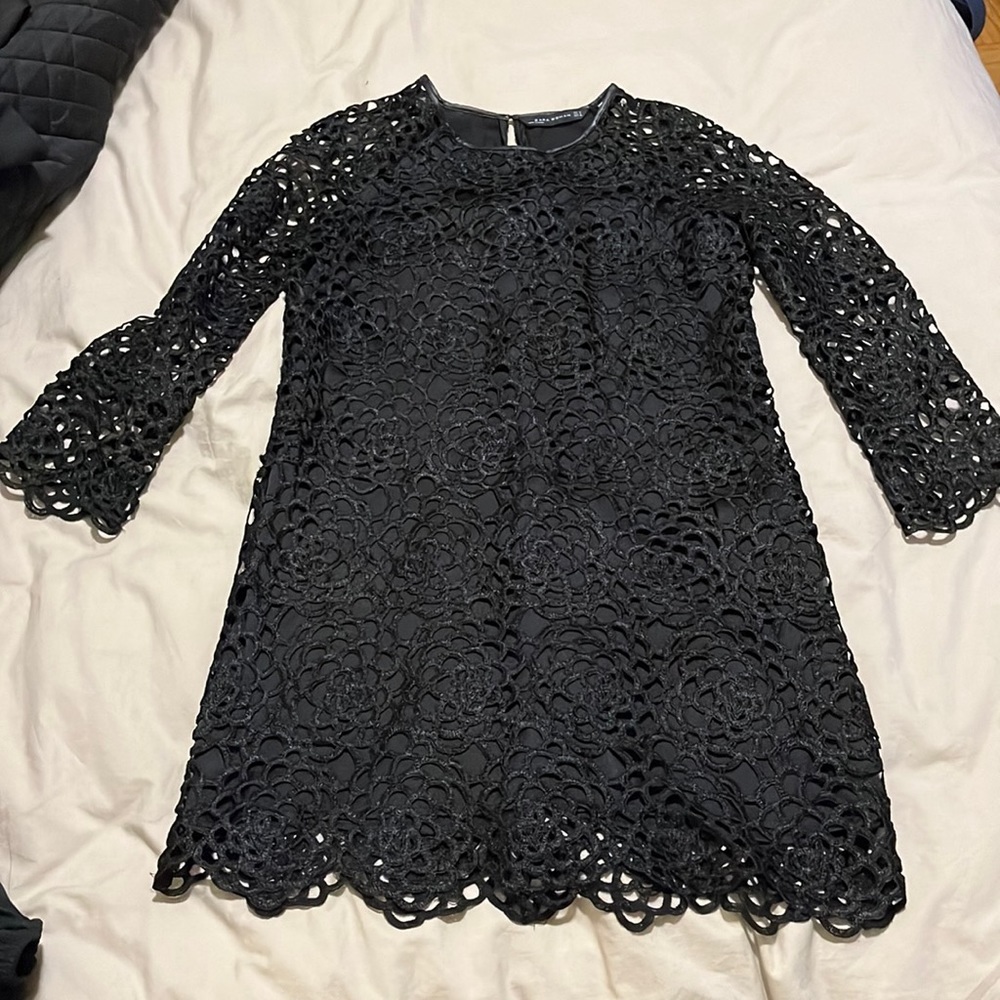 ZARA black mini dress with faux leather neckline - Size M